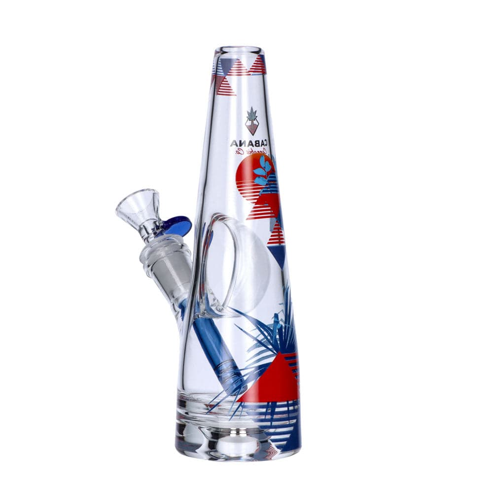 A front view of The Sunrise Water Pipe, showcasing its clear glass construction and colorful, gradient design.