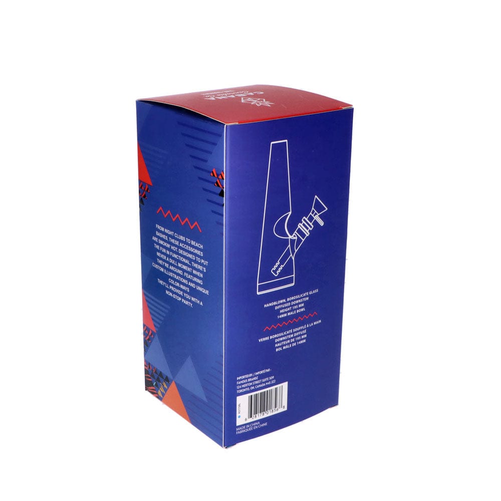 A straight-on view of The Sunrise Water Pipe, showing a graphic design on its packaging with text in multiple languages.