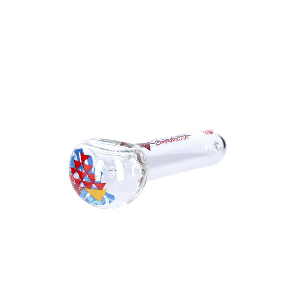 A side view of The Afterglow 5” Spoon Hand Pipe, showing the curved bowl and smooth glass construction.