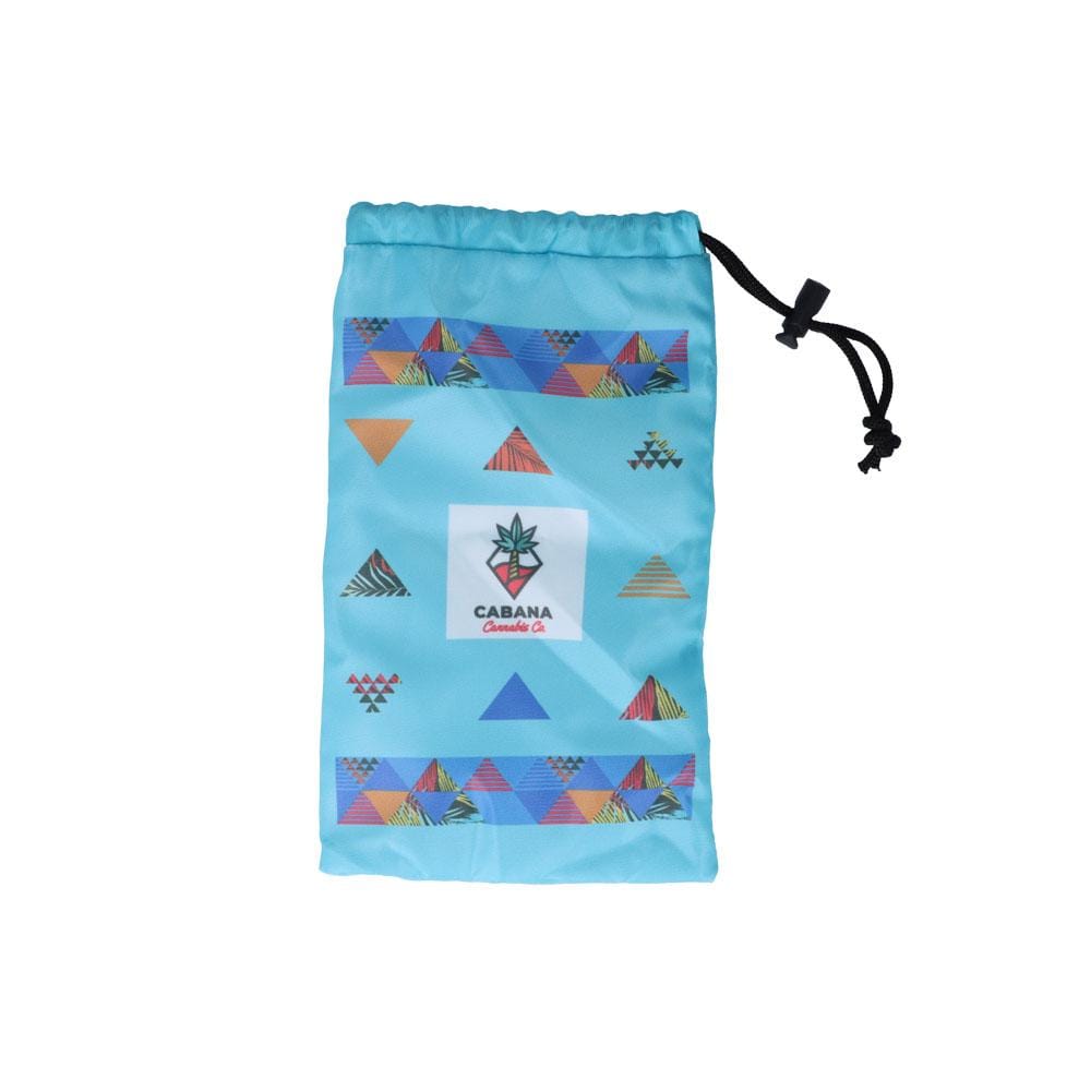 Front view of The Afterglow 5” Spoon Hand Pipe in a blue drawstring bag with a geometric pattern.