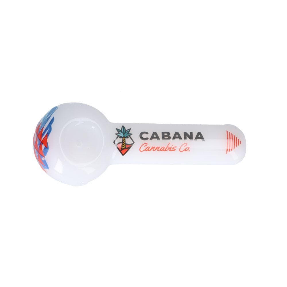 A front view of The Afterglow 5” Spoon Hand Pipe, displaying a ceramic bowl with a patterned design on a plain white background.
