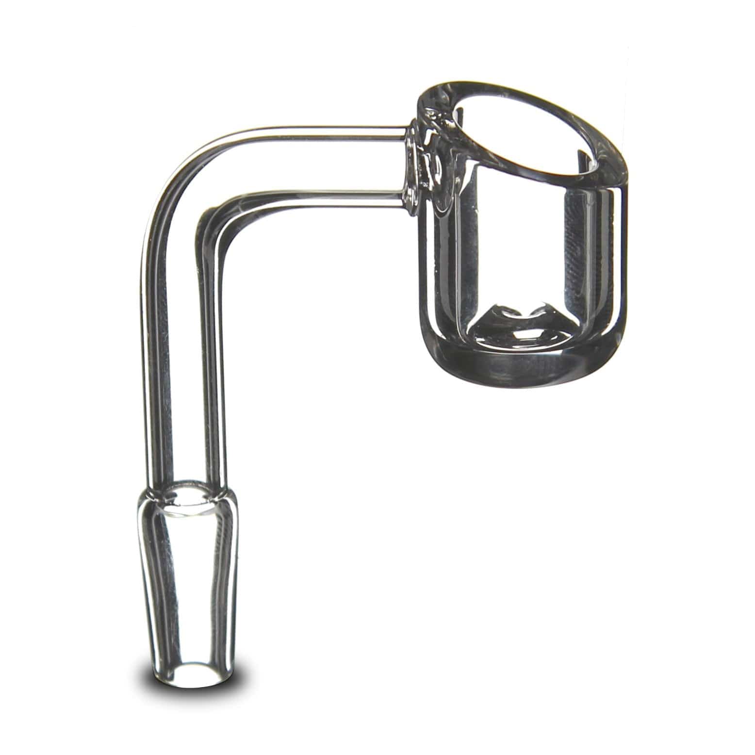 A close-up view of the 10mm Quartz Banger, showing the clear, bucket-shaped quartz with a slight upward angle.