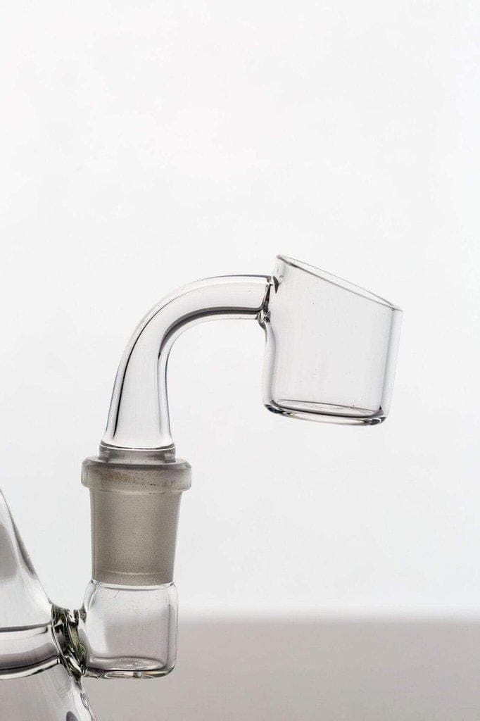 A close-up view of the 14mm Quartz Banger, showcasing its clear quartz construction and angled design.