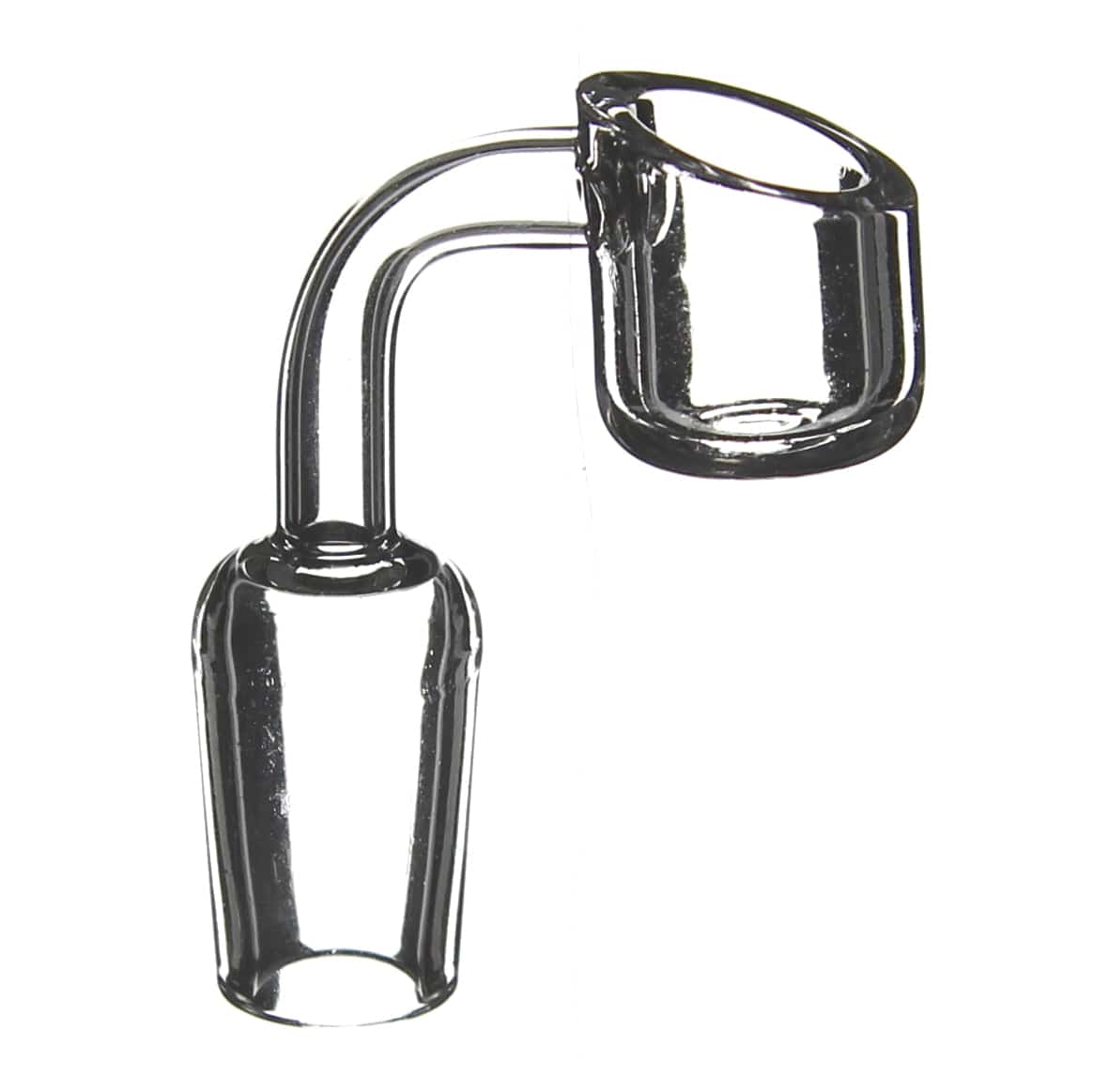 Close-up of the 18mm Quartz Banger, showcasing its clear quartz construction and angled design against a plain white background.