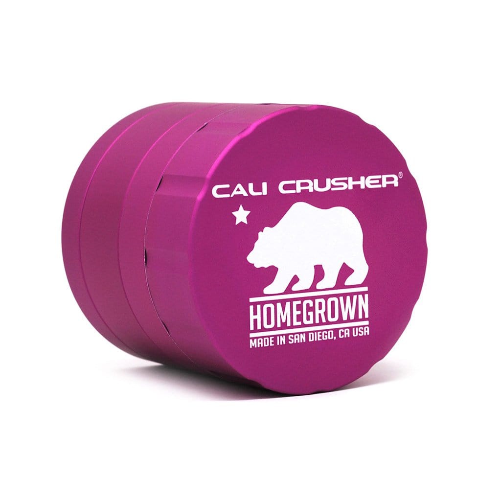 Front view of the Cali Crusher Homegrown Grinder 4pc, featuring a metallic silver finish and a compact, four-piece design.