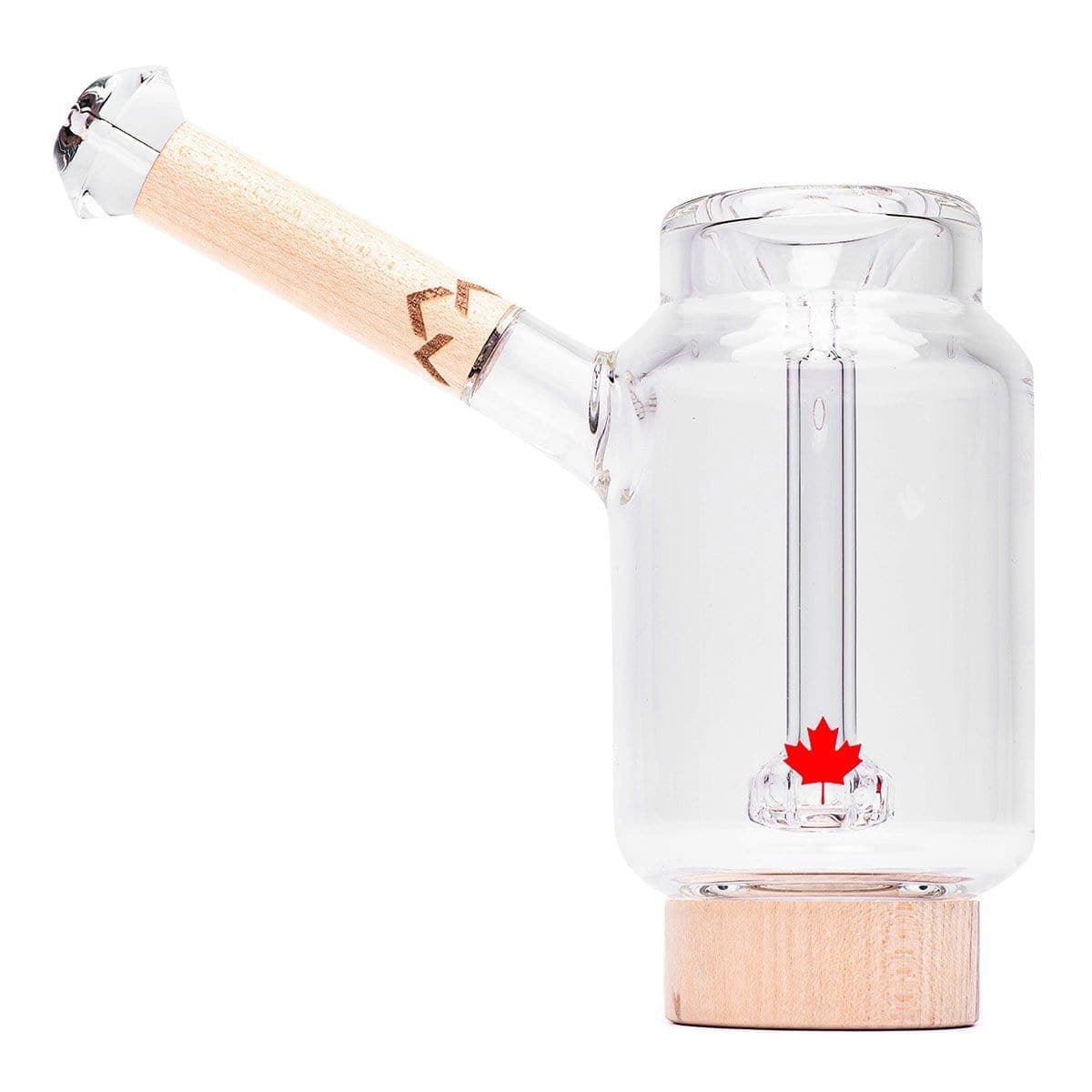 A side view of the Canada Puffin Arctic Bubbler shows the clear glass bubbler with a wooden accent and curved mouthpiece.