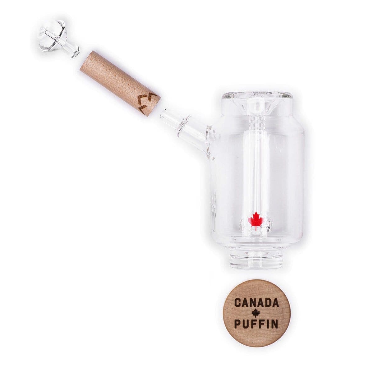 A side view of the Canada Puffin Arctic Bubbler, a clear glass bubbler with a wooden mouthpiece.