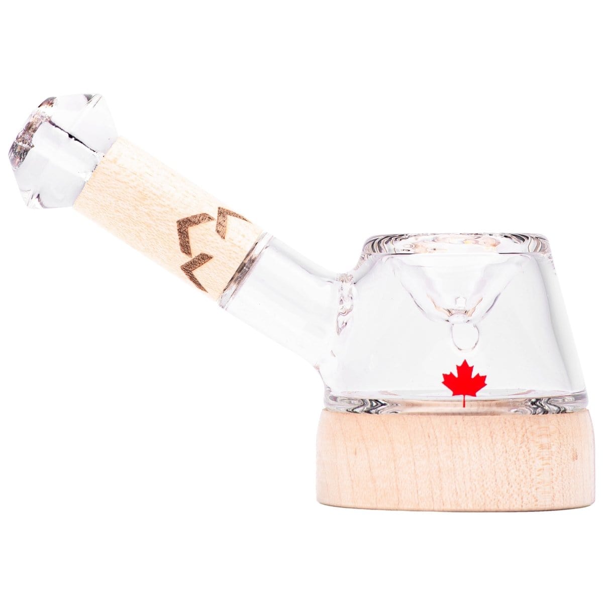 Front view of the Canada Puffin Stone Spoon Pipe, a small, clear glass pipe with a wooden accent.