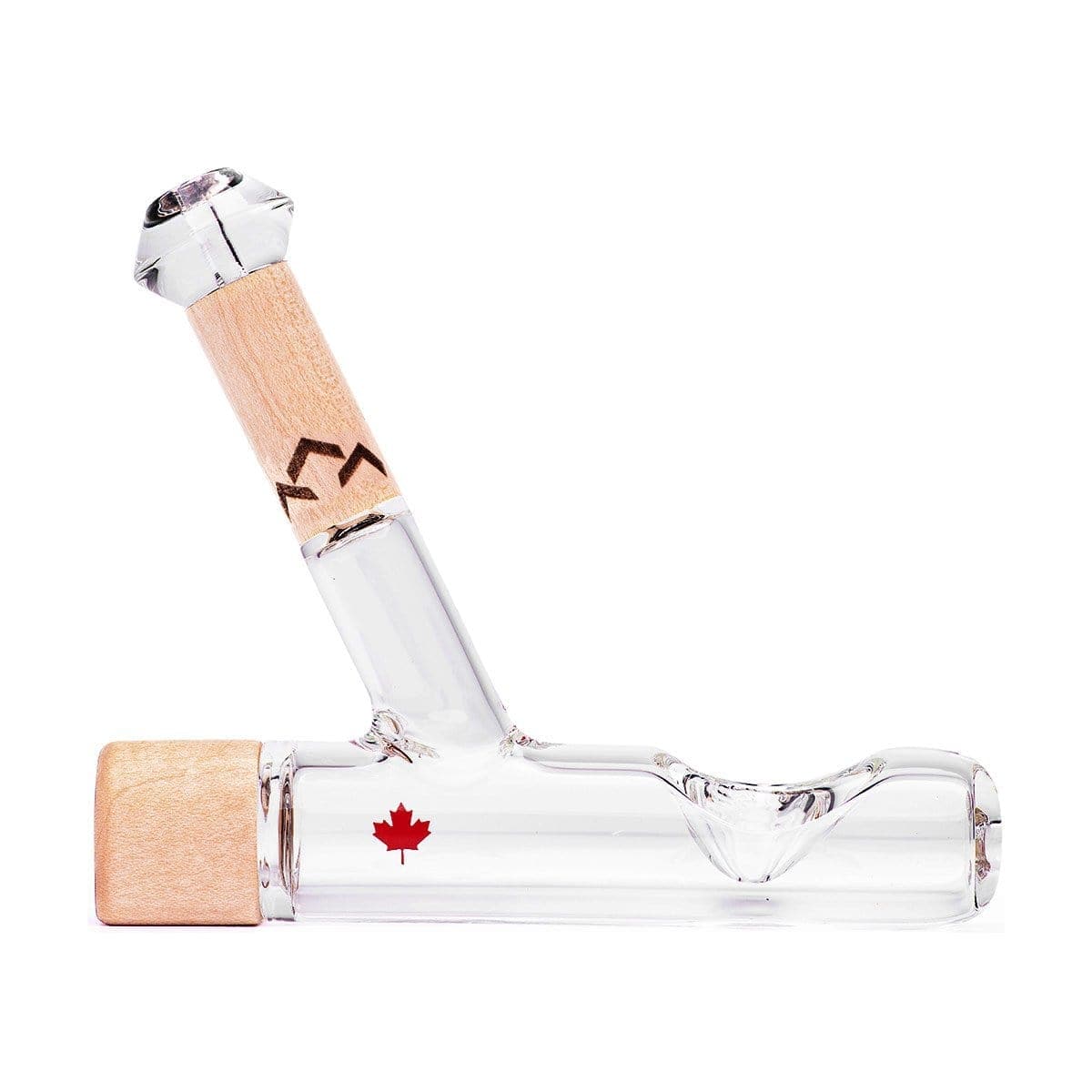 Front view of the Canada Puffin Chalet Steamroller, a clear glass pipe with a wooden mouthpiece against a plain white background.