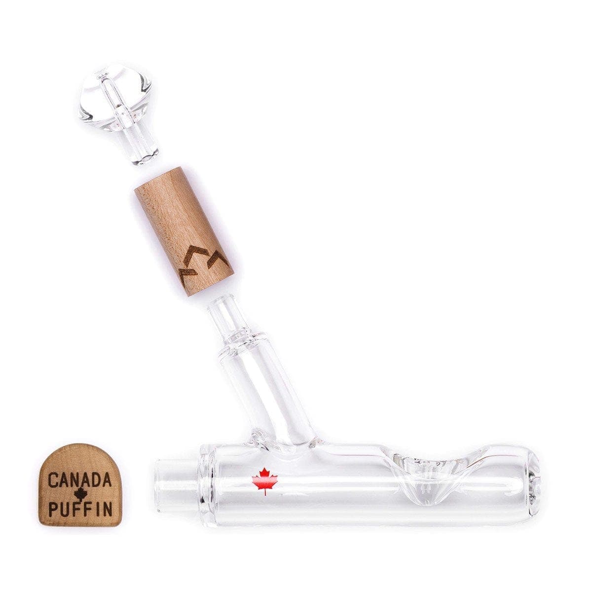 A straightforward studio shot of the Canada Puffin Chalet Steamroller, showcasing its clear glass construction and simple, elongated form.