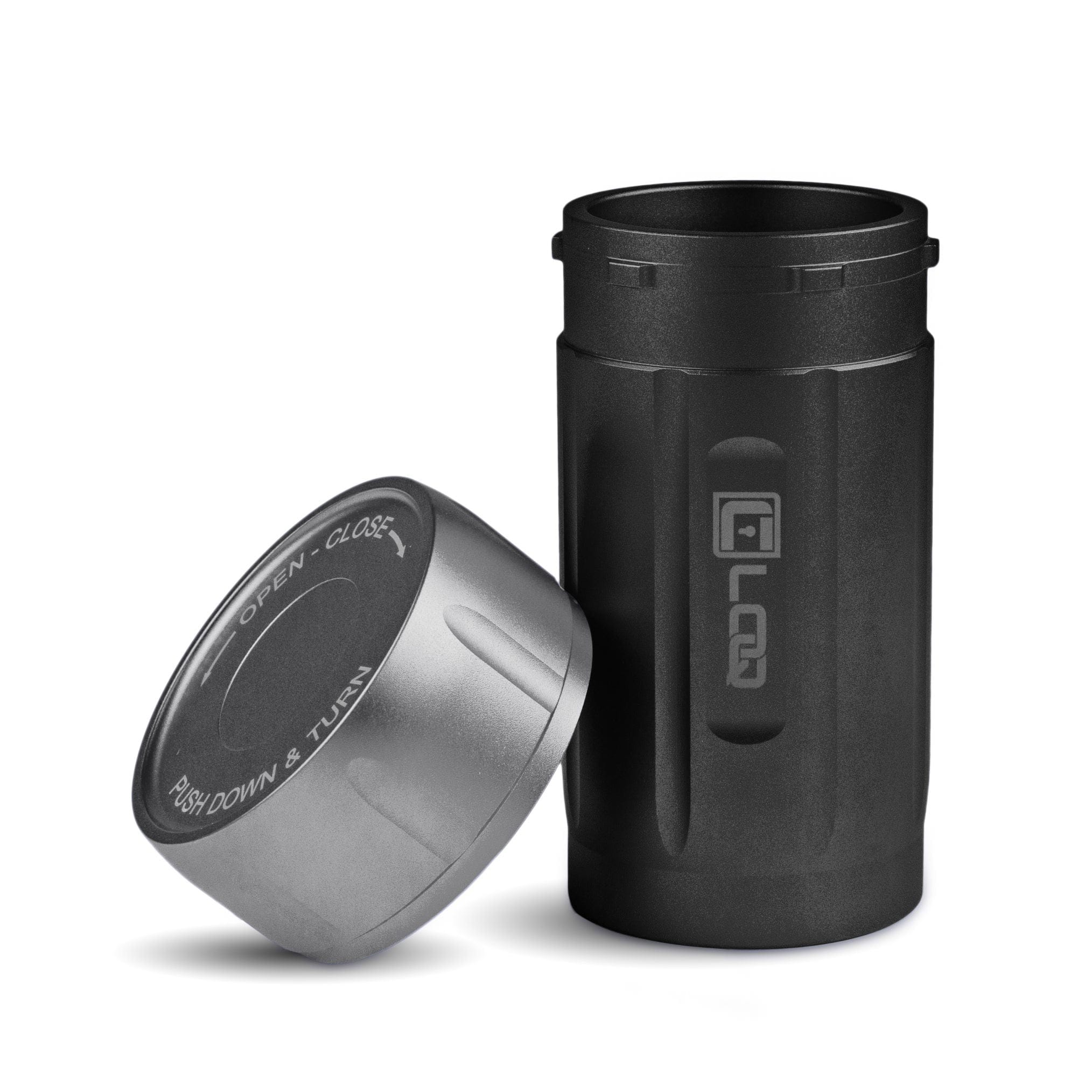 A slightly angled view of the Zytel Black Premium 120CC Storage Canister with its gray cap partially unscrewed, revealing the interior.