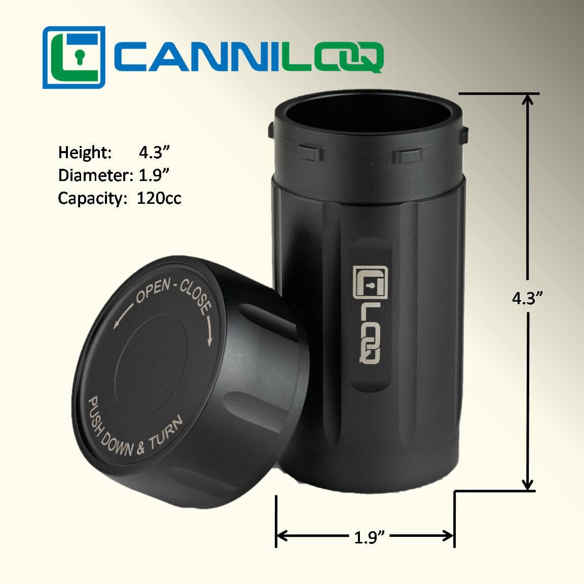 Front view of the Zytel Black Premium 120CC Storage Canister with a gray cap, shown with a measurement scale.