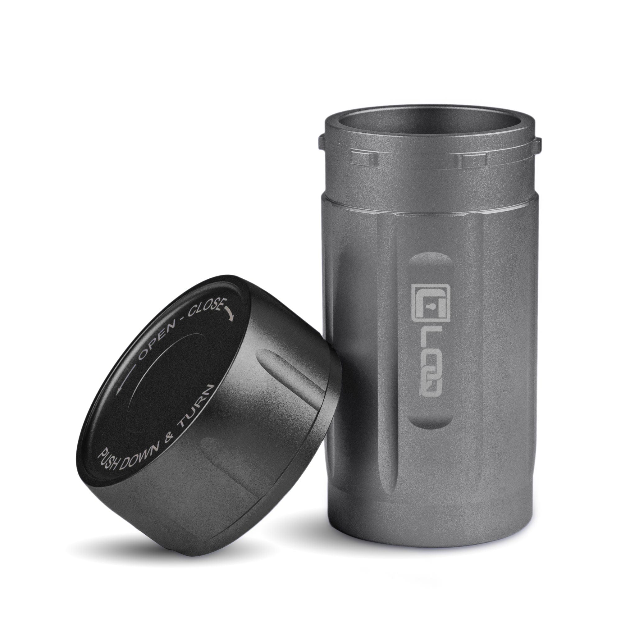 A slightly angled studio shot of the Zytel Gray Premium 120CC Storage Canister with a black cap, shown open and slightly off-center.