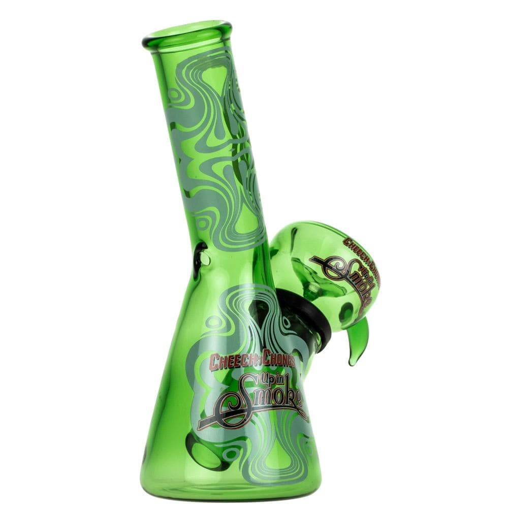 Front view of the "4" Mini Water Pipe, a vibrant green glass pipe with a rounded base and unique textured design.