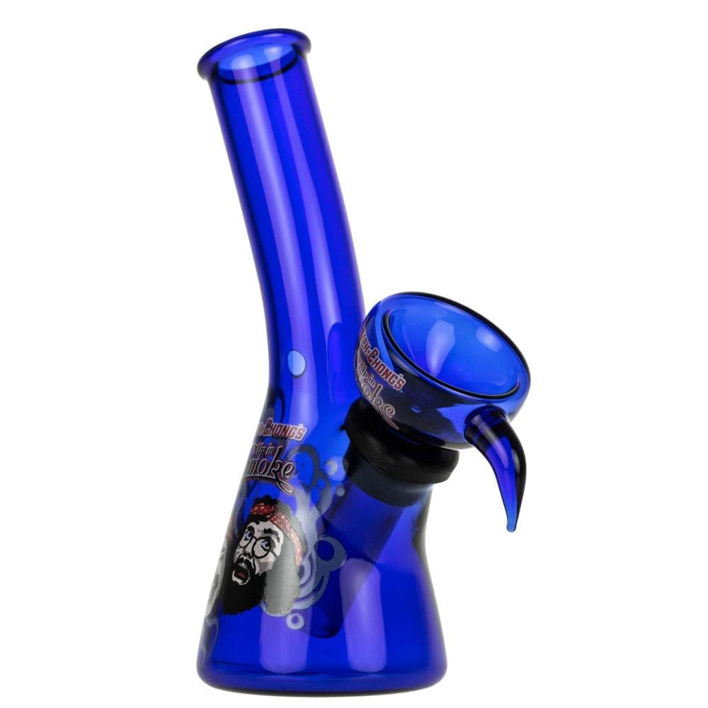 A studio shot of the 4" Mini Water Pipe, displaying its vibrant blue glass and simple beaker shape.
