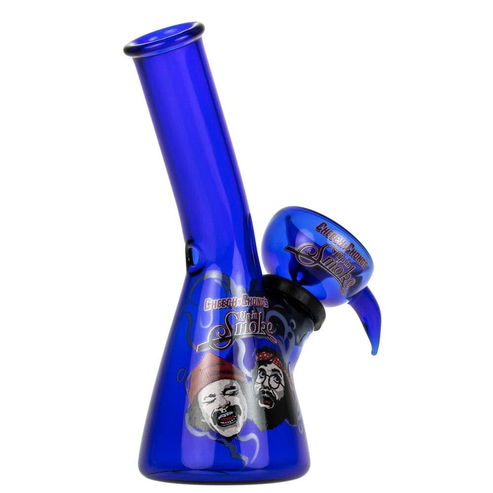A studio shot of the 4" Mini Water Pipe, featuring a blue glass pipe angled slightly from the front.