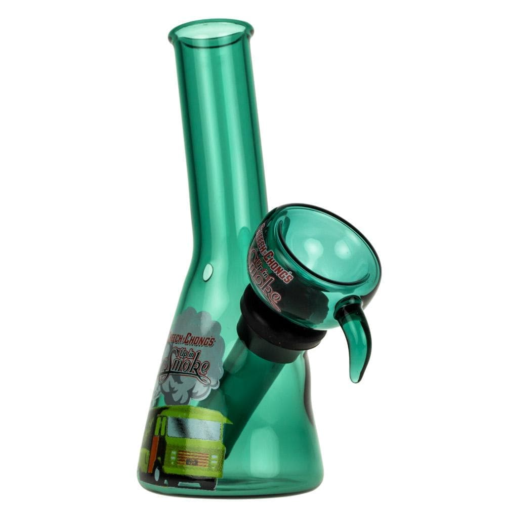 A studio shot of the "4" Mini Water Pipe, displaying its green glass construction and compact size from a slightly angled perspective.