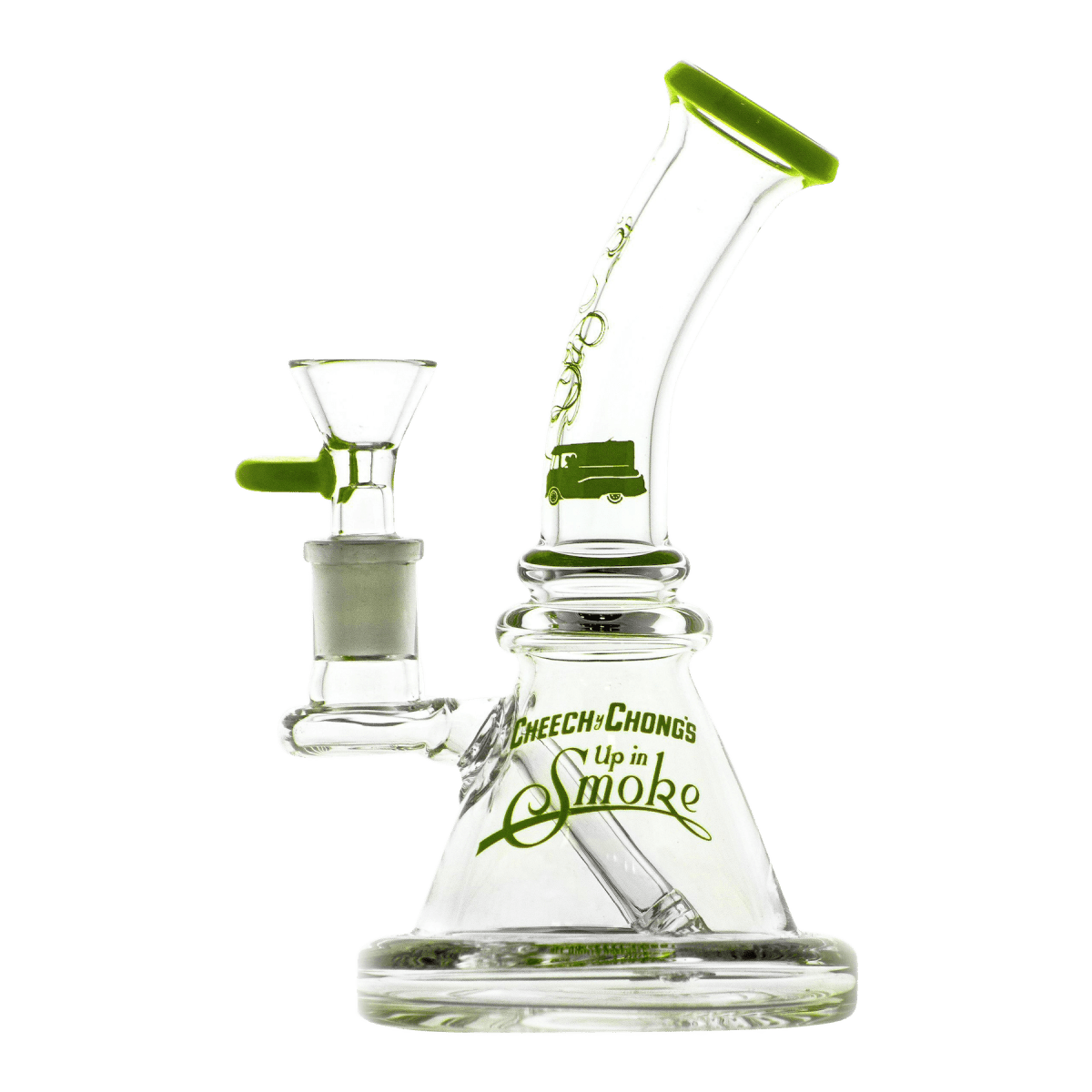 A studio shot of the Strawberry 7" Water Pipe, showcasing its clear glass construction and classic beaker shape.