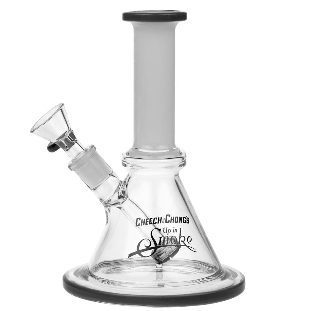 A studio shot of the Pedro 8" Water Pipe, displaying the clear glass construction and beaker shape from a low angle.