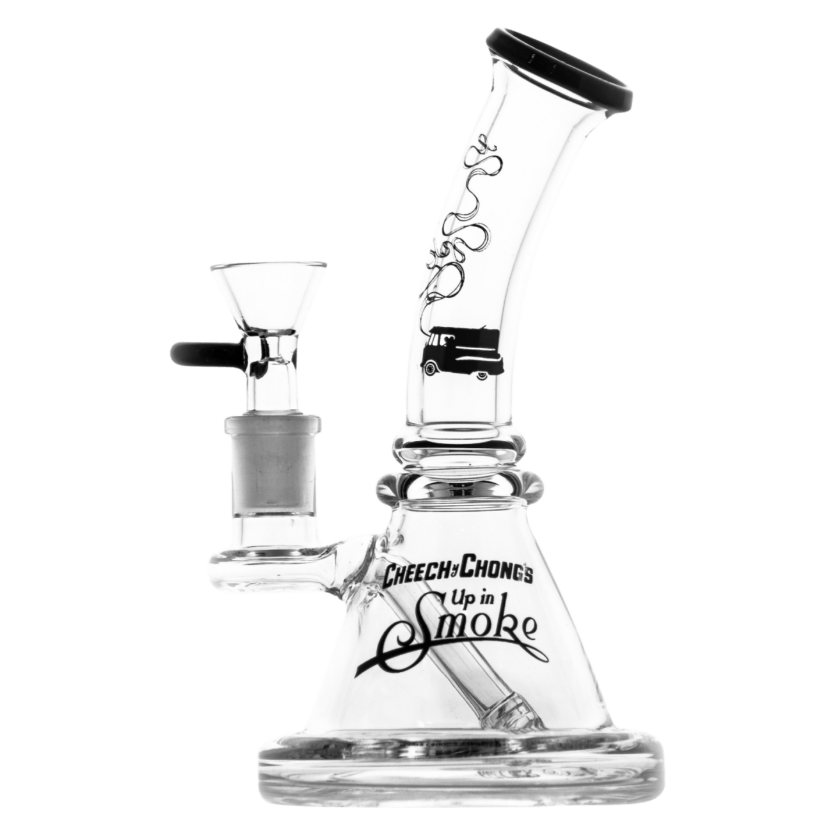 A studio shot of the Strawberry 7" Water Pipe, displaying its clear glass construction and curved neck from a slightly elevated angle.