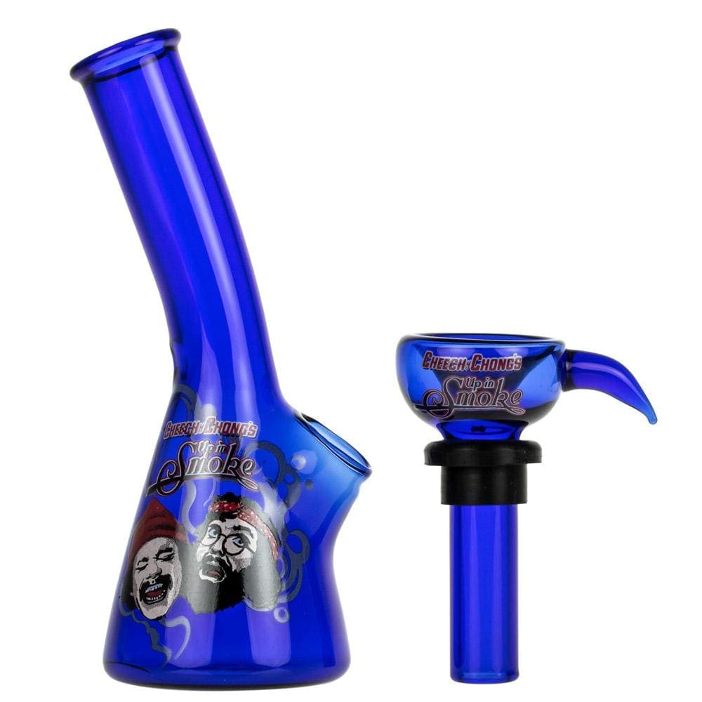 A front view of the 4" Mini Water Pipe with a blue glass construction and decorative branding.