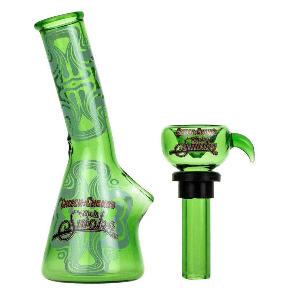 A close-up, angled view of the "4" Mini Water Pipe, showcasing its patterned glass design and compact size.