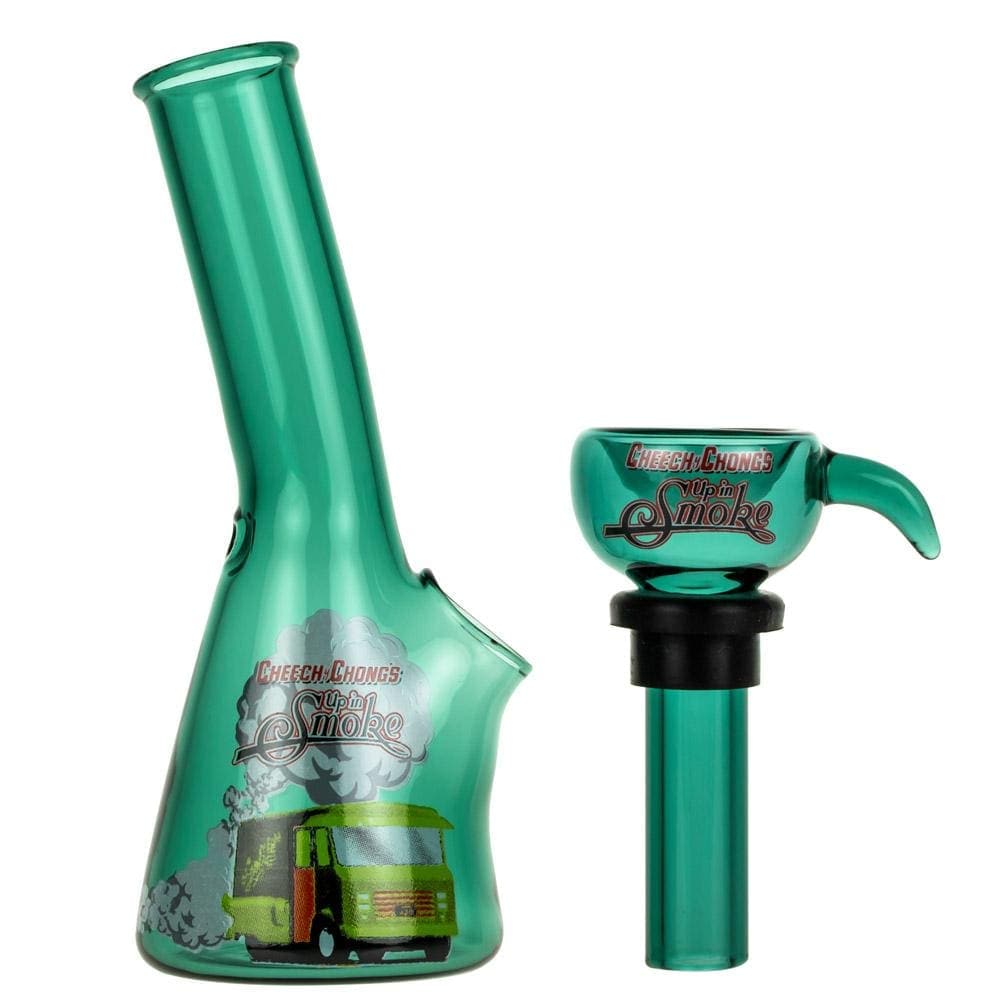 Front view of the "4" Mini Water Pipe, a green glass pipe with colorful graphics, angled slightly on a white background.