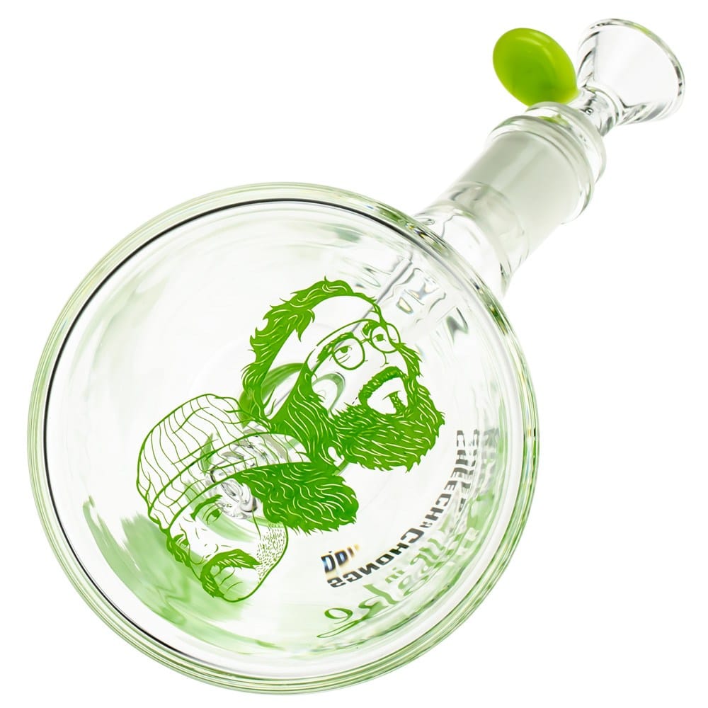 A front view of The Cheech 12" Beaker Bong, showcasing a clear glass base and detailed etched design.