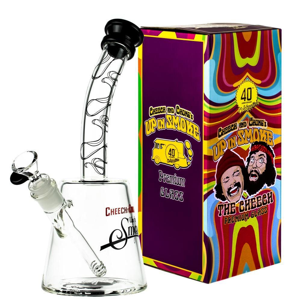 Front view of The Cheech 12" Beaker Bong, showcasing colorful branding details against a dark background.