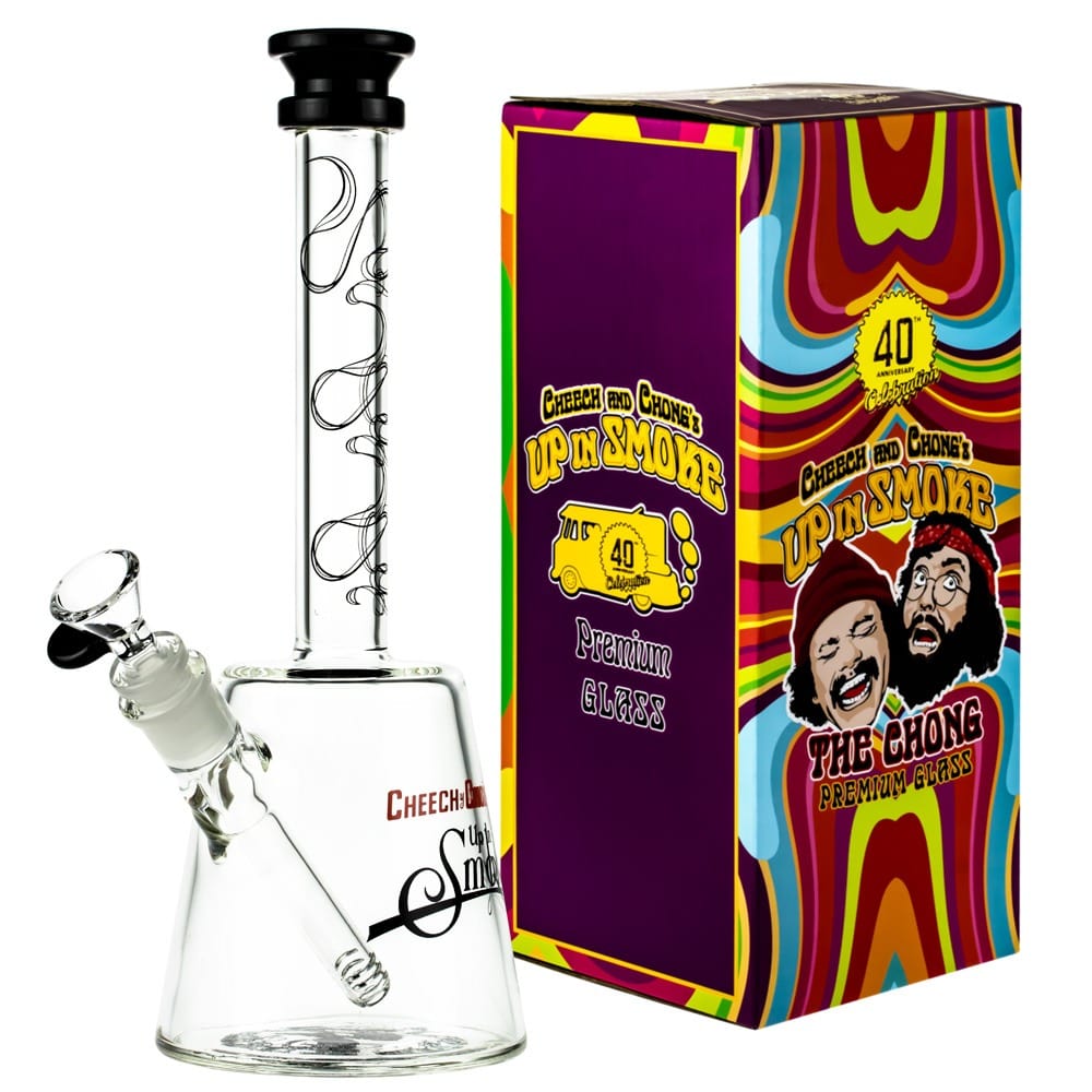 Front view of The Chong 12" Beaker Bong with a colorful, patterned background, showcasing its clear glass construction.