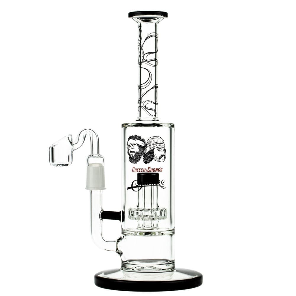 A studio shot of the Great Dane 10" Dab Rig, displaying a clear glass rig with a circular base and angled neck.
