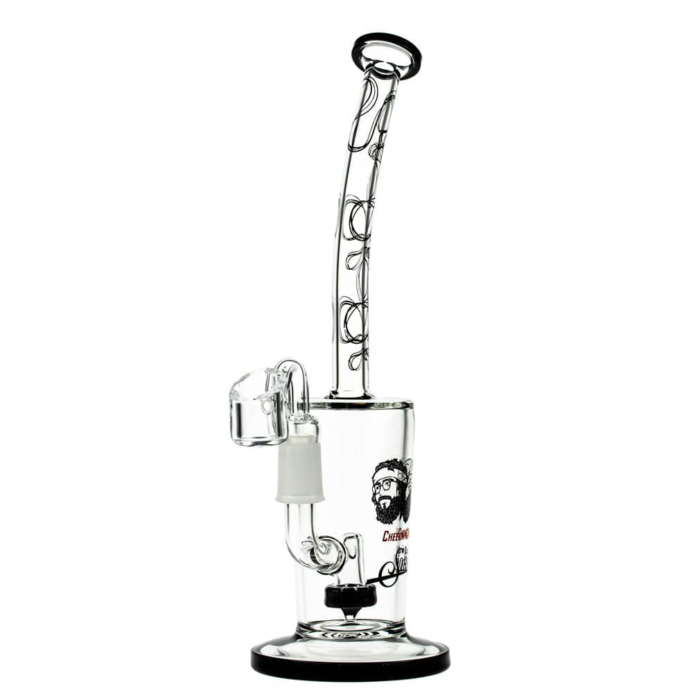 A studio shot of the Maui Wowie 10" Dab Rig, showcasing its clear glass construction and angled mouthpiece against a white backdrop.