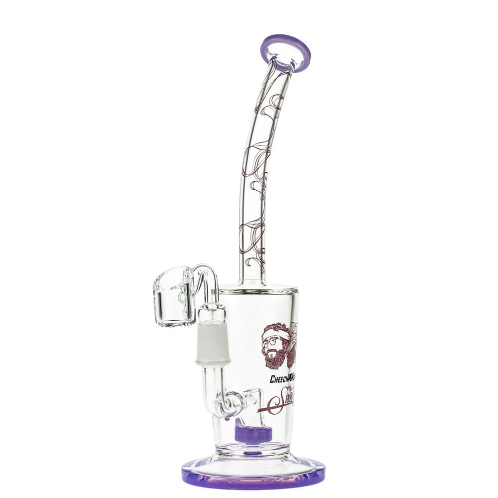 A three-quarter view of the 10-inch Maui Wowie dab rig, showcasing its purple accents and curved glass design.