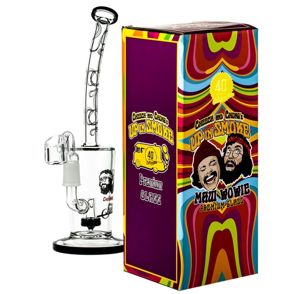 Front view of the Maui Wowie 10" Dab Rig, a clear glass piece with a branded label and unique curved design.