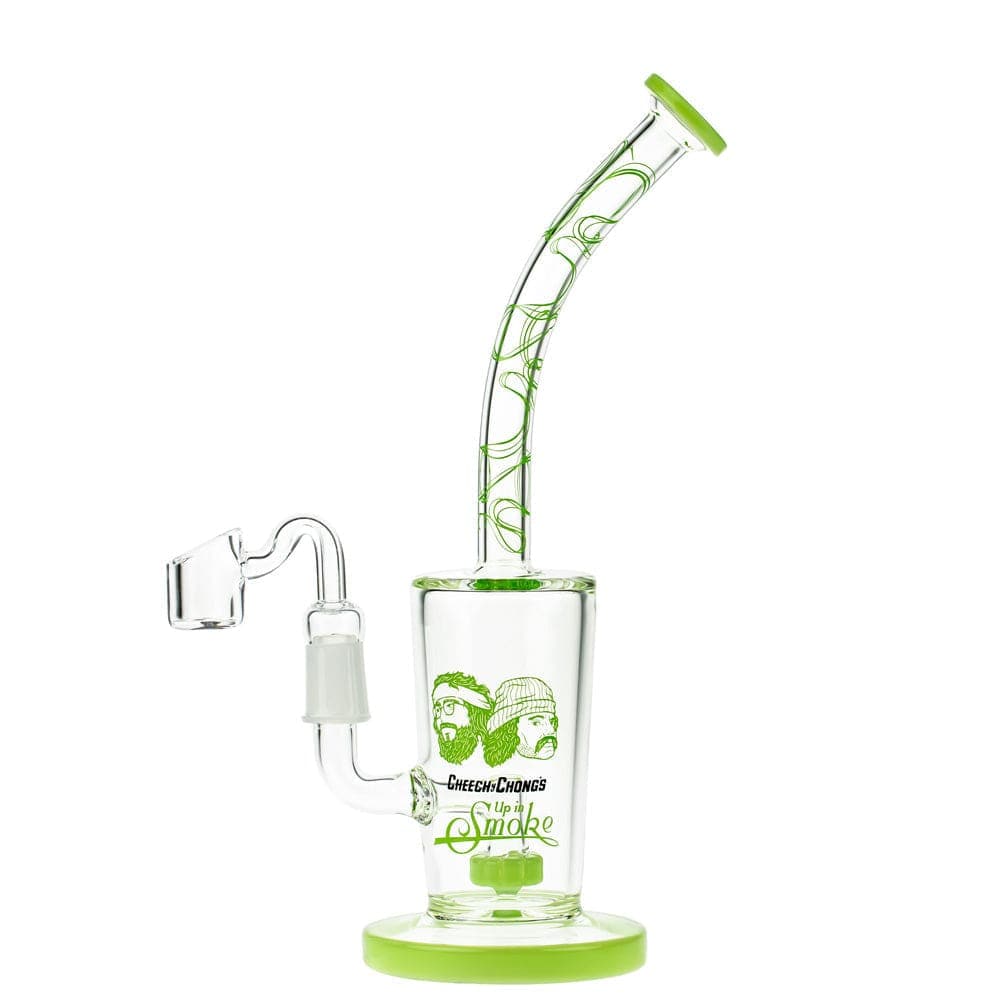 The Maui Wowie 10" Dab Rig is pictured in a studio shot with bright lighting, showcasing its green glass construction and unique curved design.