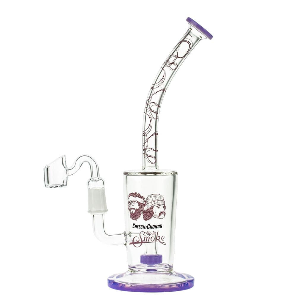A three-quarter view of the Maui Wowie 10" Dab Rig, showcasing its purple-tinted glass and curved neck design.