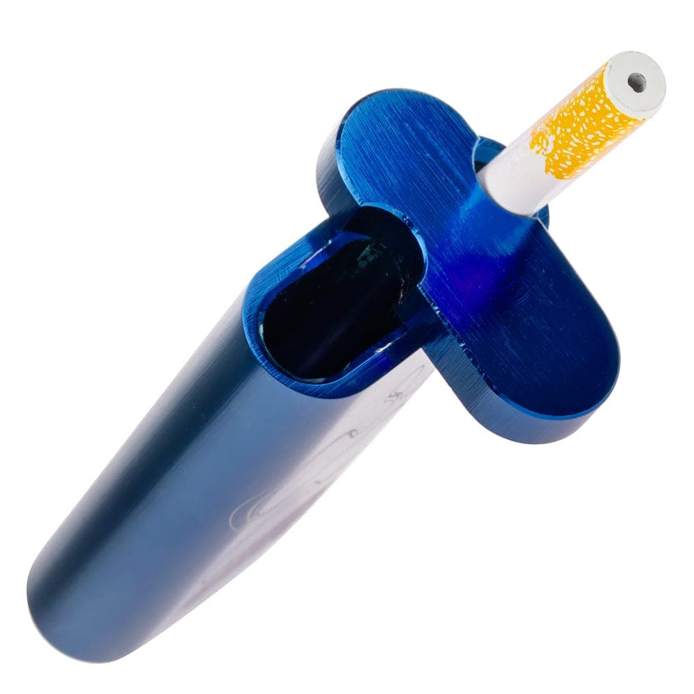 A close-up, angled view of the Large Aluminum Dugout with a partially smoked cigarette inserted into its open slot.