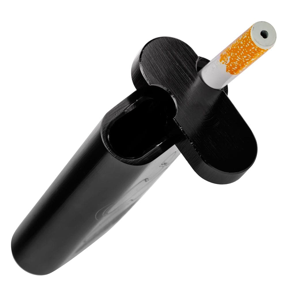 A close-up, angled view of the Large Aluminum Dugout, showing a partially smoked cigarette resting within its open compartment.