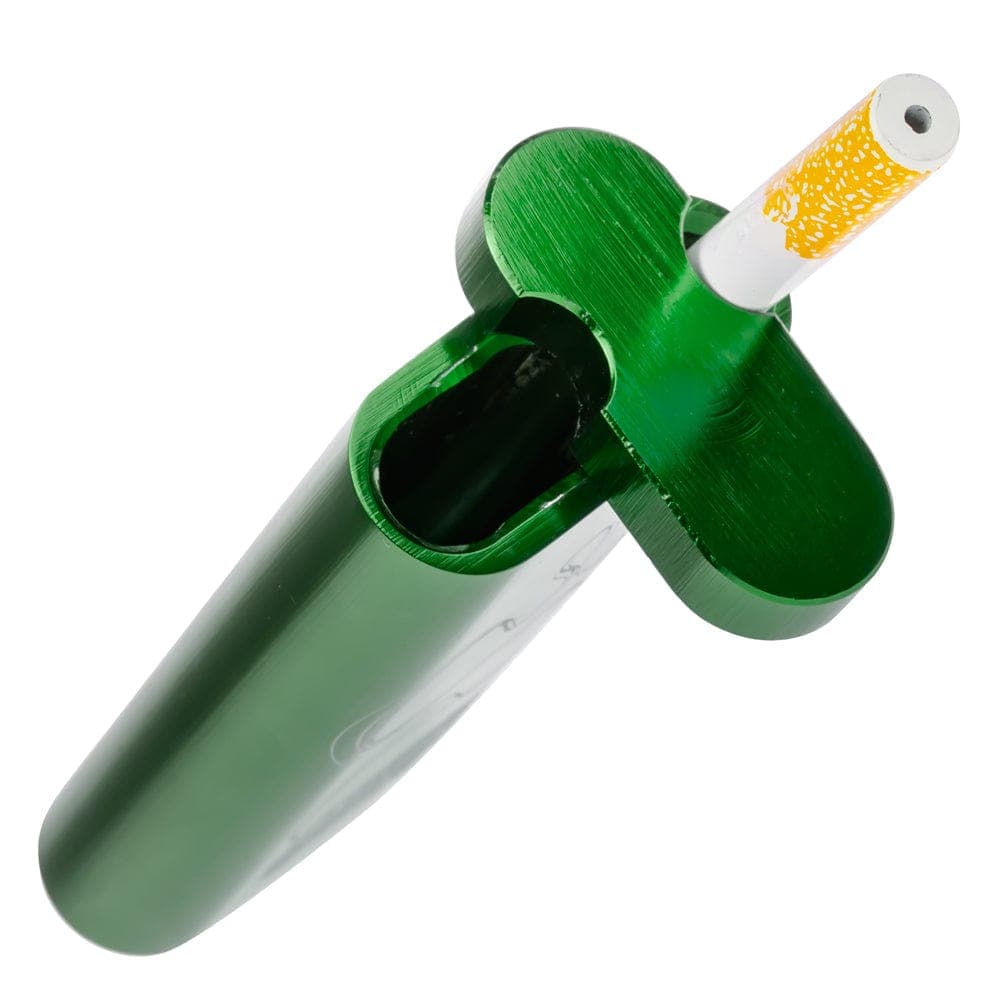 A close-up, angled view of the Large Aluminum Dugout, revealing an open compartment and a partially smoked cigarette inside.