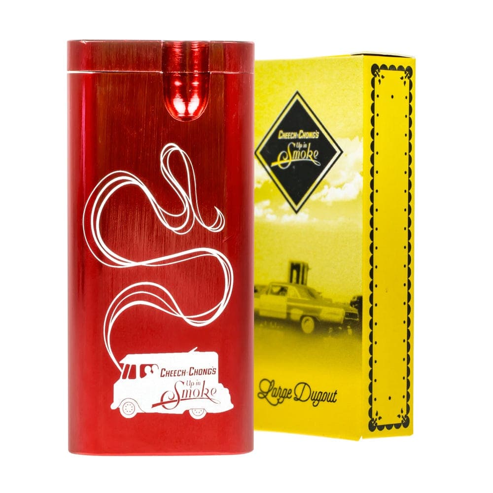 Front view of the Large Aluminum Dugout with vintage branding, showing a silver case and retro graphic design.