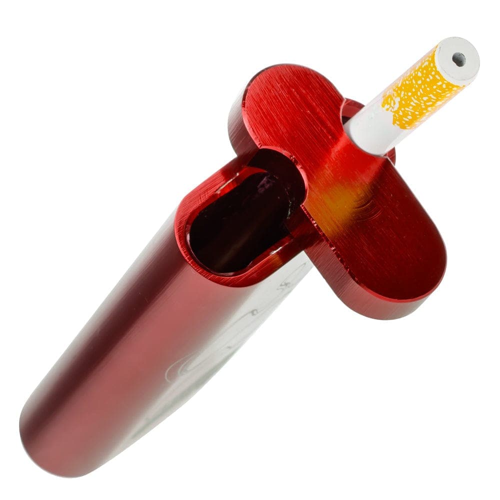 A close-up, angled view of the Large Aluminum Dugout with a partially smoked cigarette inserted into its open compartment.