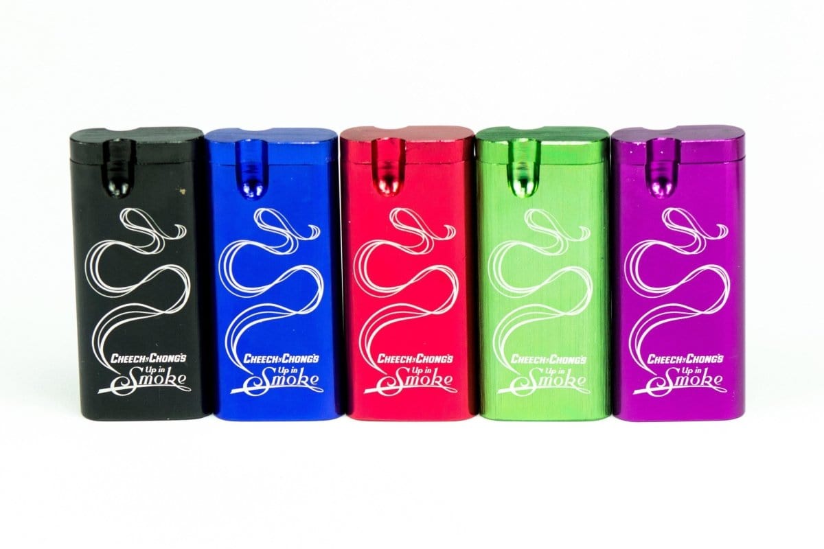 Front view of the Large Aluminum Dugout, a silver-toned, oblong container resting on a black surface.