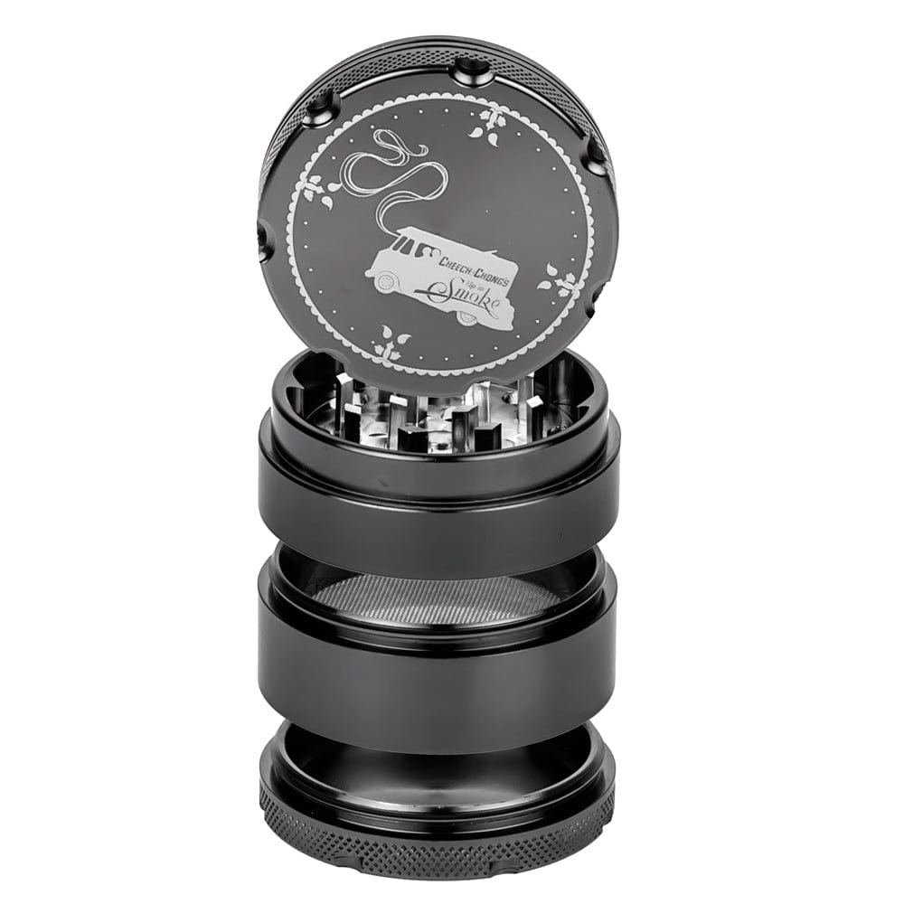 A close-up shot of the Up In Smoke 50mm 4-Piece Grinder, showcasing its stacked, metallic, cylindrical design.