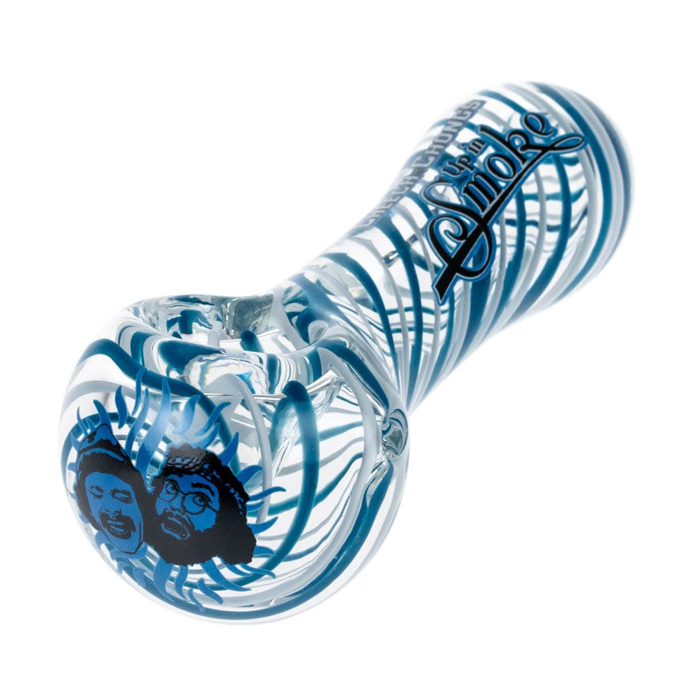 A side view of the Up In Smoke Spoon Pipe, showcasing its curved shape and blue-tinted glass construction.