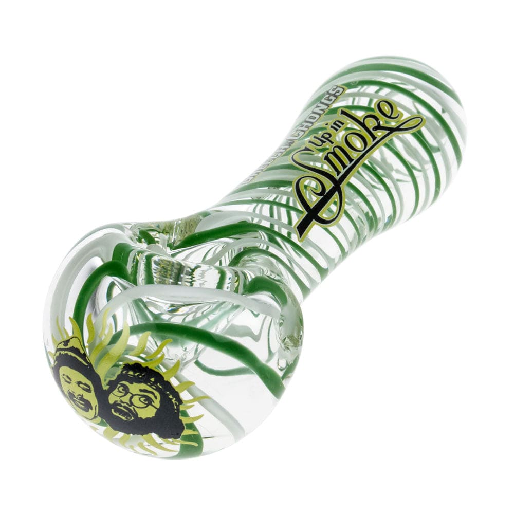 A diagonally angled view of the Up In Smoke Spoon Pipe, showing its clear glass construction and curved bowl.