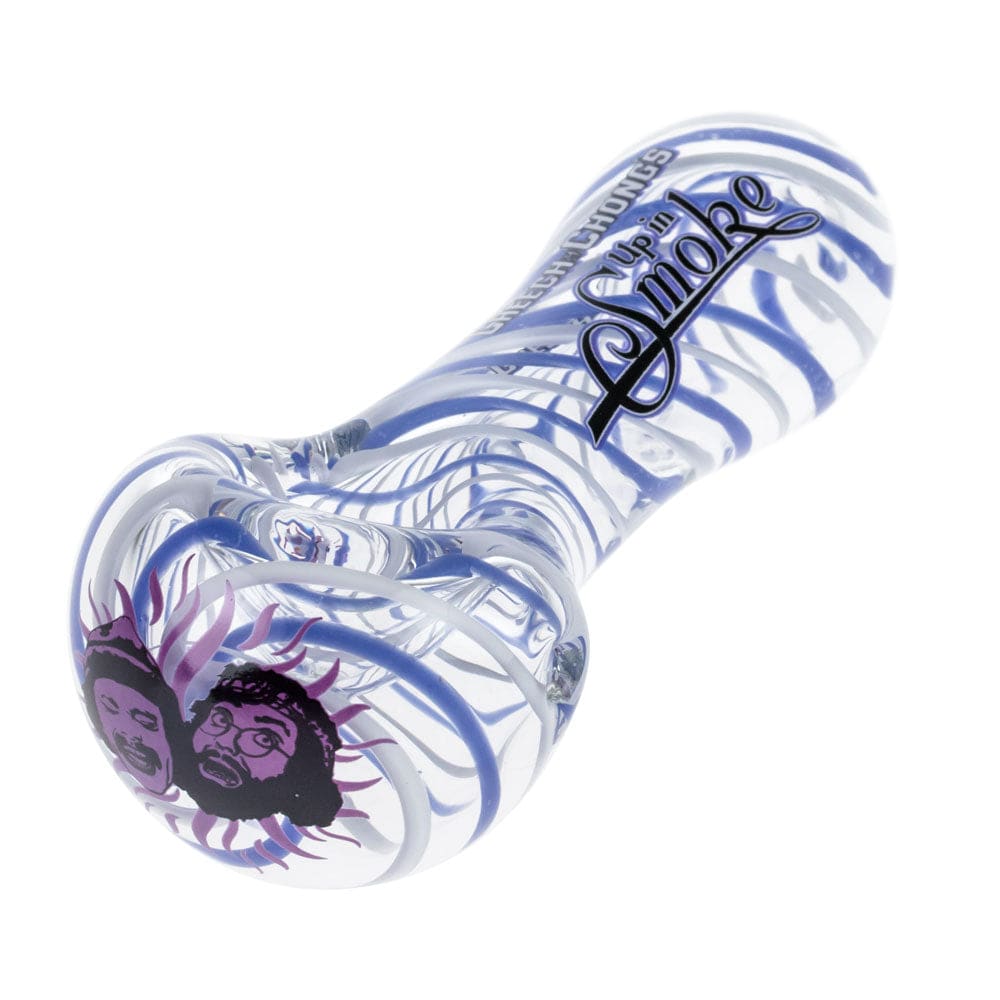 A side view of the Up In Smoke Spoon Pipe, showing the colorful glass design and curved bowl.