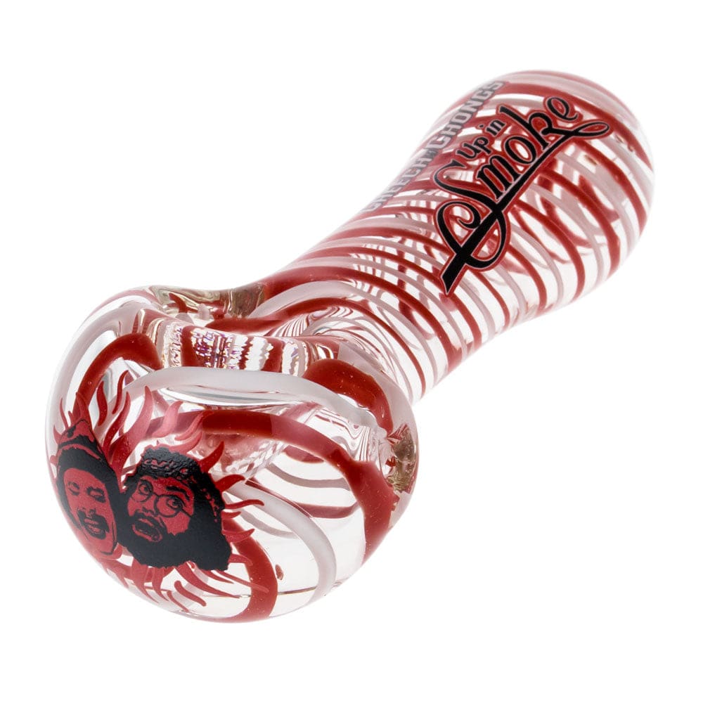 A close-up shot of the Up In Smoke Spoon Pipe with swirling red and clear glass, presented at a slight angle against a white background.