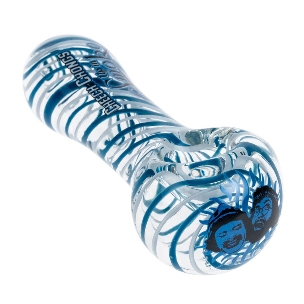 Up In Smoke Spoon Pipe displayed in a close-up, angled view, showing its clear glass construction and unique design.
