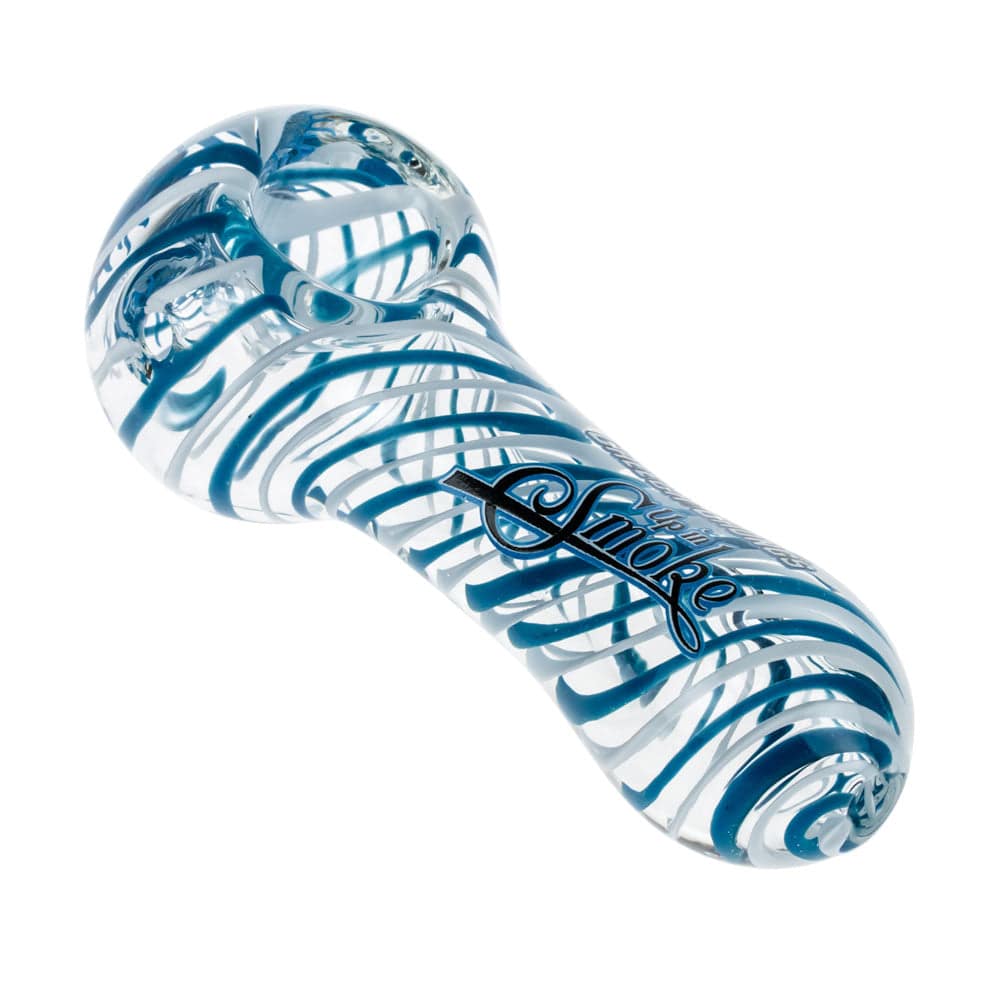A slightly angled view of the Up In Smoke Spoon Pipe, featuring blue and clear glass swirls.