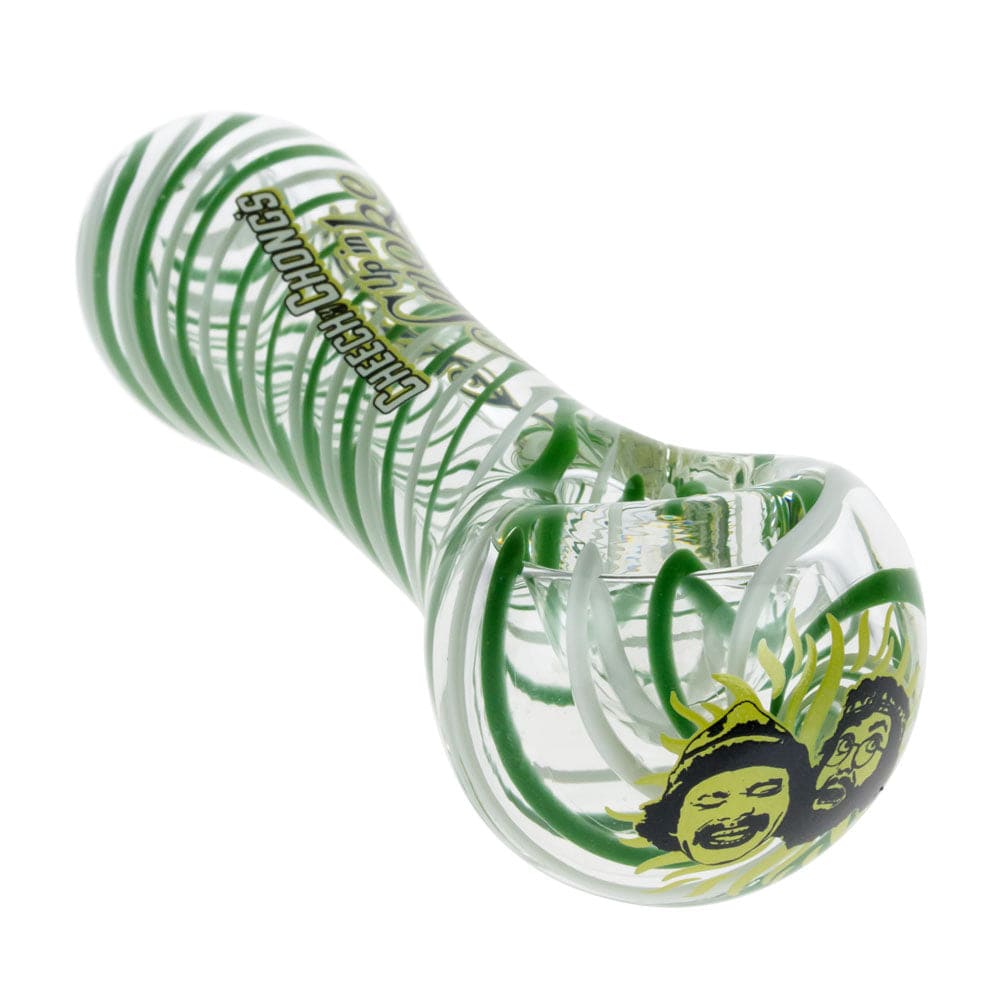 A three-quarter view of the Up In Smoke Spoon Pipe, featuring a swirling green and clear glass design.